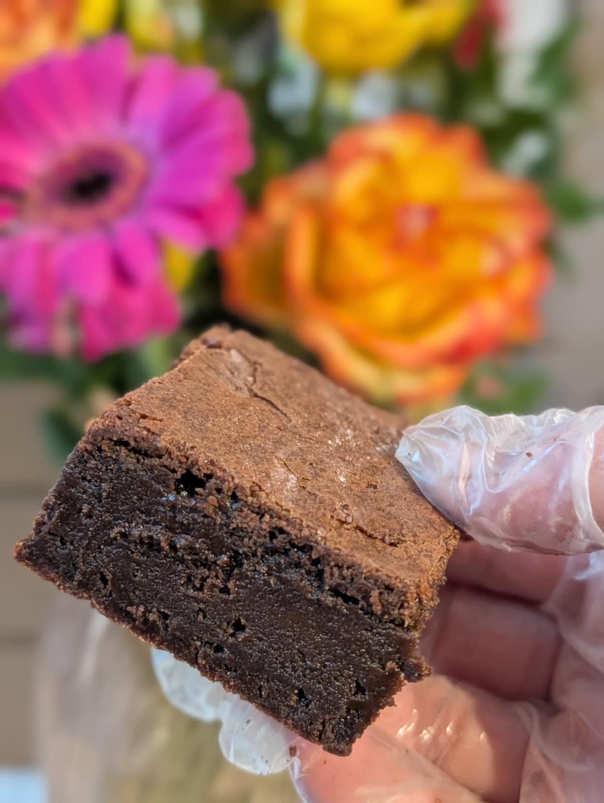 Fudgy chocolate brownie square held in a gloved hand with vivid pink and orange flowers in the background